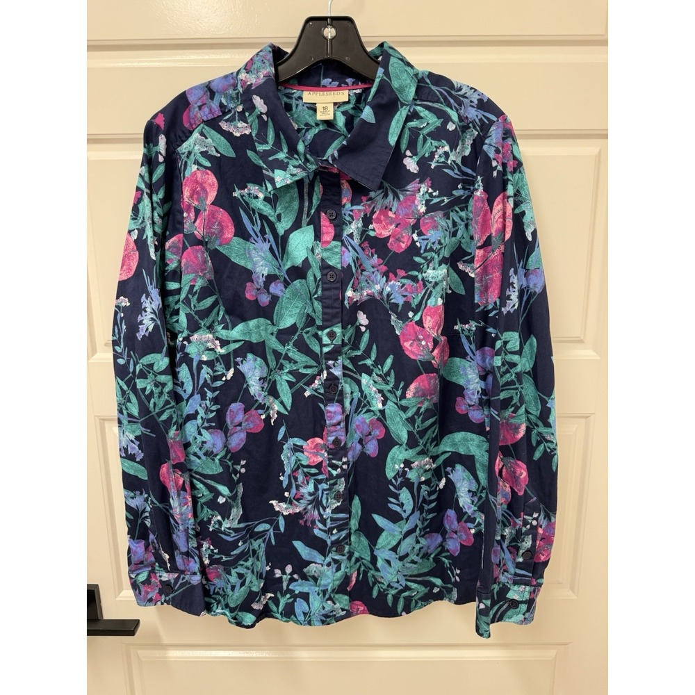 Appleseeds Womens Plus Size 18 Blouse Floral Button Front Long Sleeve Stretch